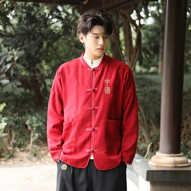 

Новая мужская куртка в китайском стиле Тан, весенний дизайн, ретро-топ на пуговицах, модный ханьфу, свободный крой, вышитая, дышащая, с длинными рукавами