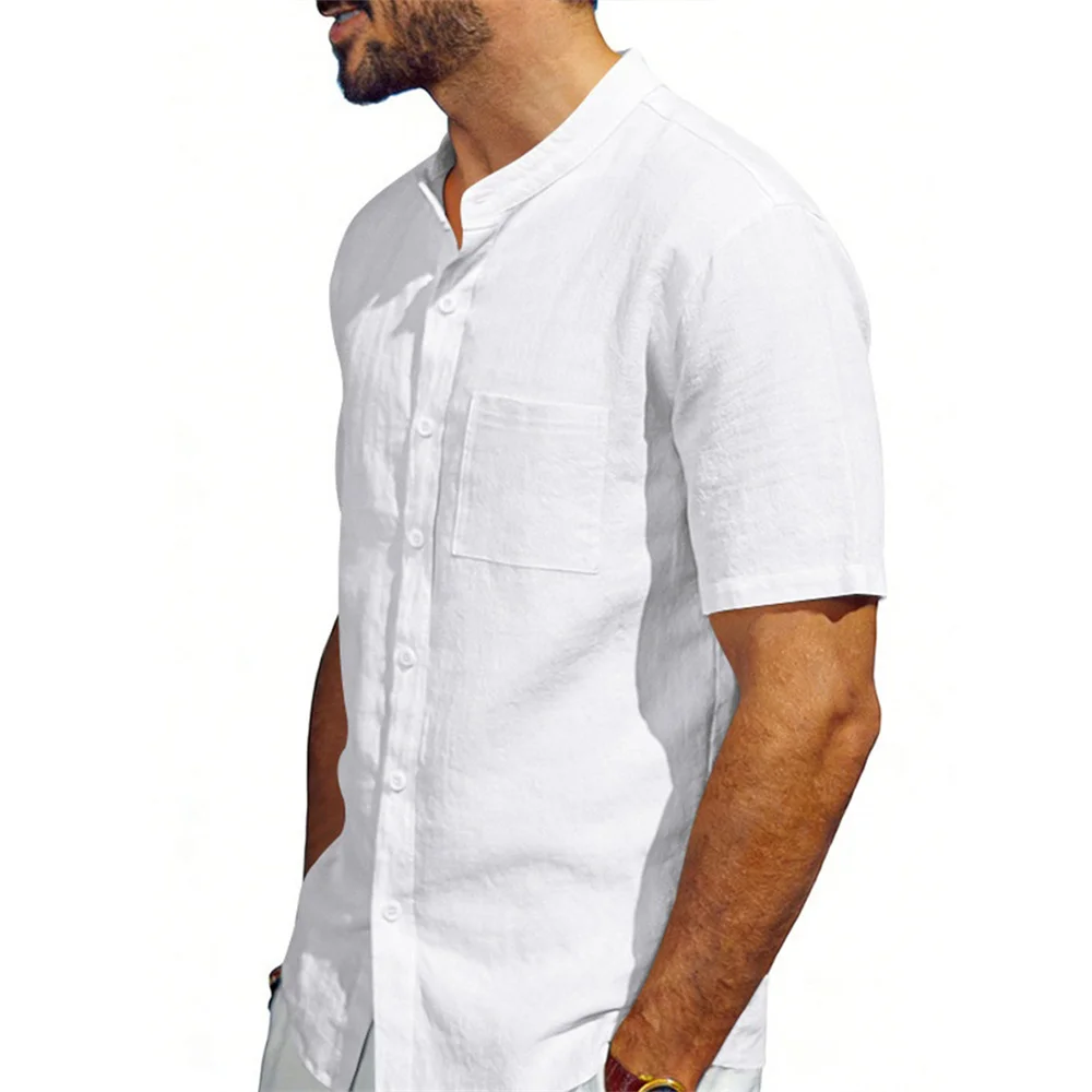 Men's Casual Shirt Henley Neck Solid Color Breathable Lightweight Cotton Linen Tops Single Breasted Male Short Sleeve Shirts