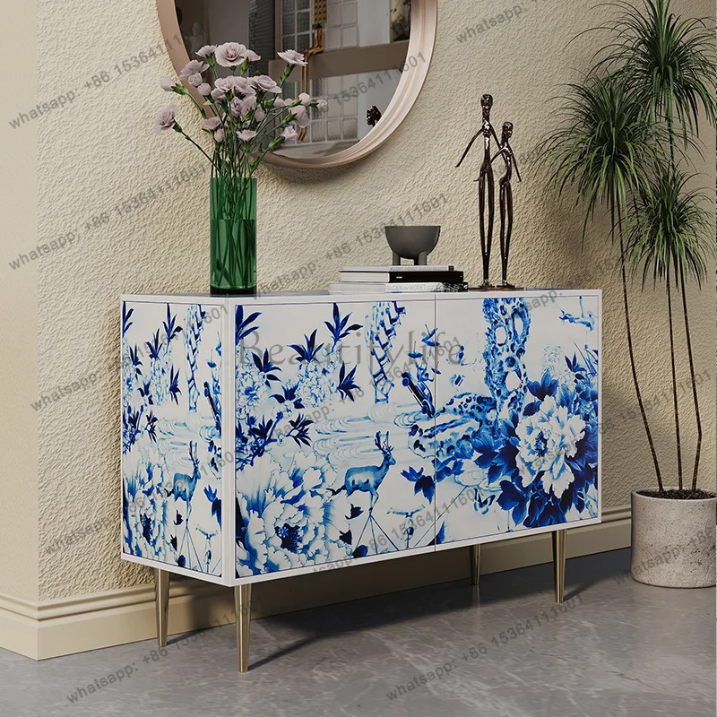 French-style painted side cabinet, high-grade blue and white simple villa wall art cabinet