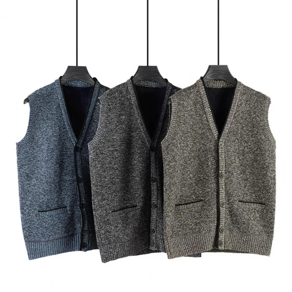 Fashion High-end Casual Pure Sweater Knitted Tank Men's Solid V-neck Button Patchwork Screw Thread Sleeveless Vest Thick Coat