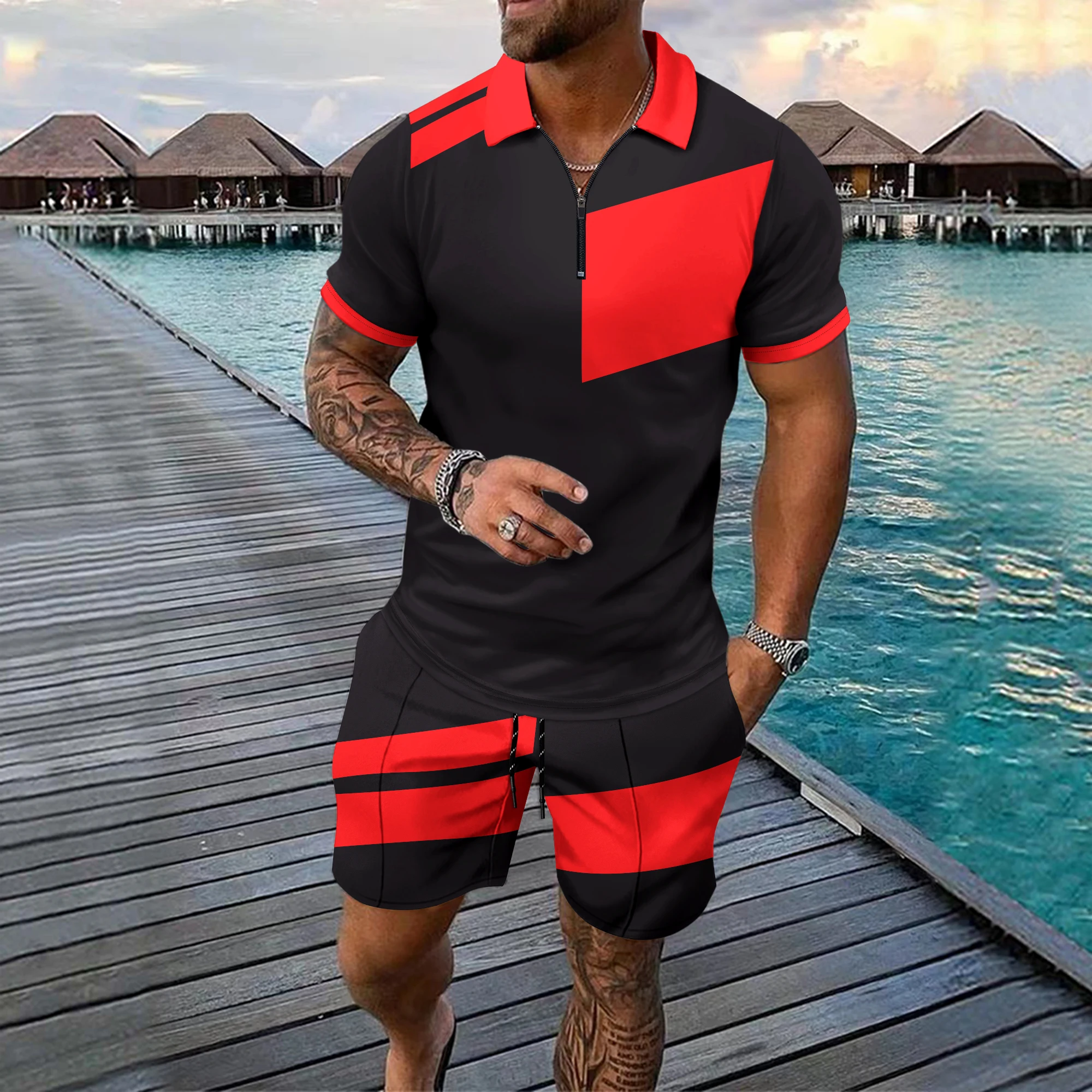 

Summer Fashion 2 Piece Men's POLO Shirt+ Shorts Set Casual Splicing Printed Sportswear Street Outdoor Street Trend Men Clothing