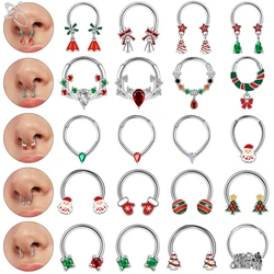 ZS 1PC Christmas tree Santa Claus Nose Piercing Silver Color Septum Ring Stainless Steel Nose Clicker Cartilage Piercing 16G