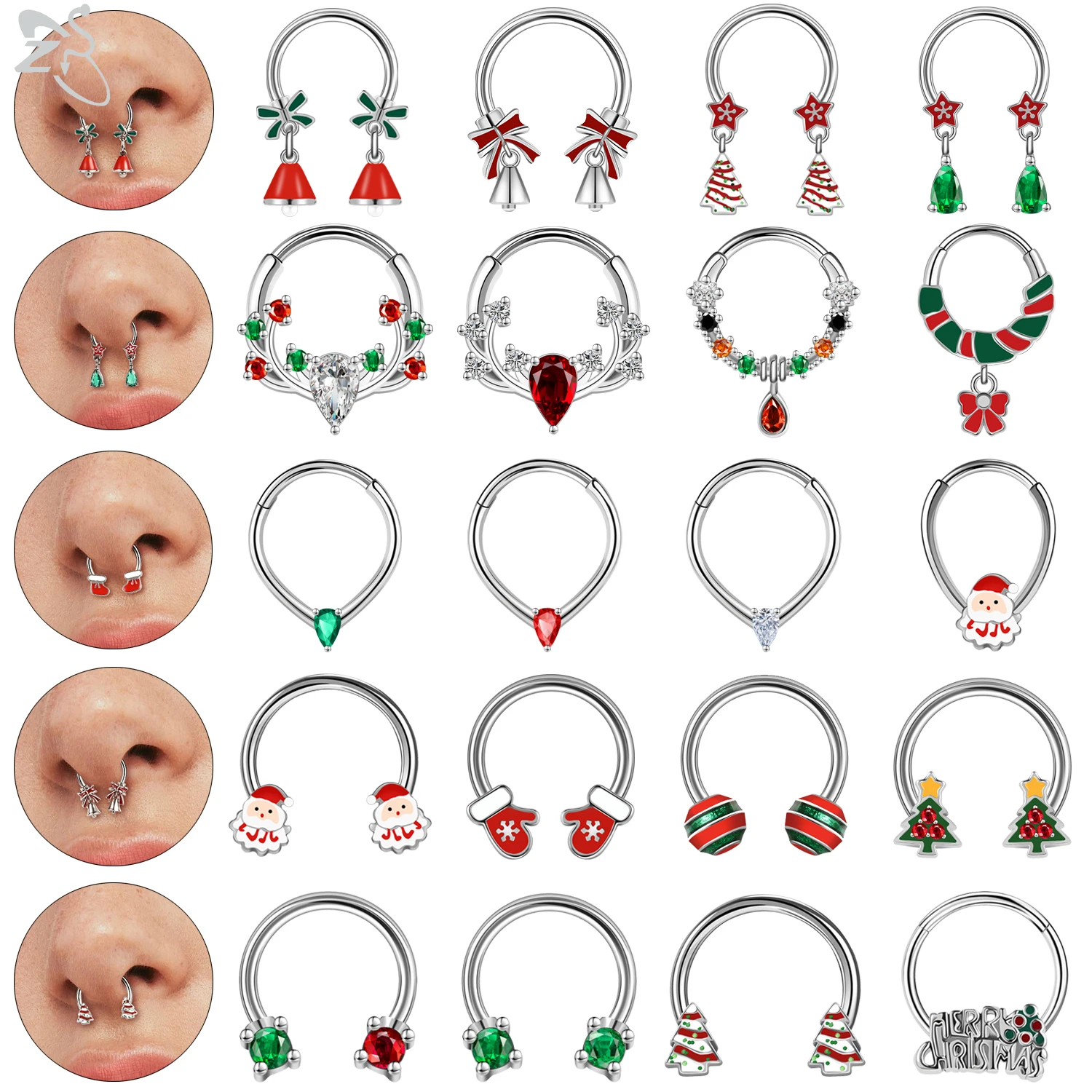 ZS 1PC Choinka Święty Mikołaj Piercing nosa Srebrny kolor Pierścień przegrody Pierścień ze stali nierdzewnej Piercing nosa Chrząstka 16G