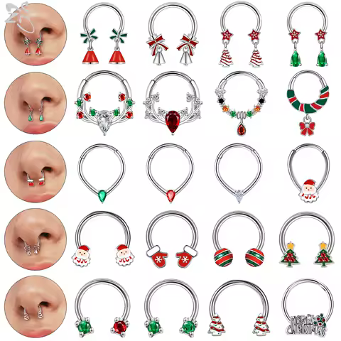 ZS 1PC Christmas tree Santa Claus Nose Piercing Silver Color Septum Ring Stainless Steel Nose Clicker Cartilage Piercing 16G