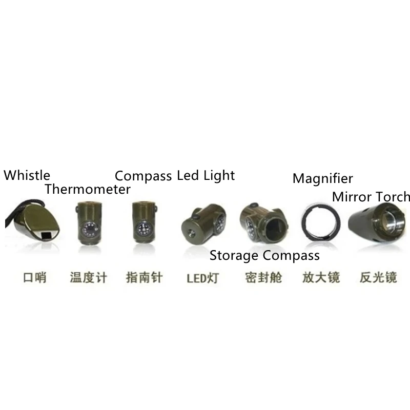 7 In 1 multi-function Whistle Survival Trekking Compass Mirror Torch Magnifier  Led Light Thermometer Storage Compass Tools