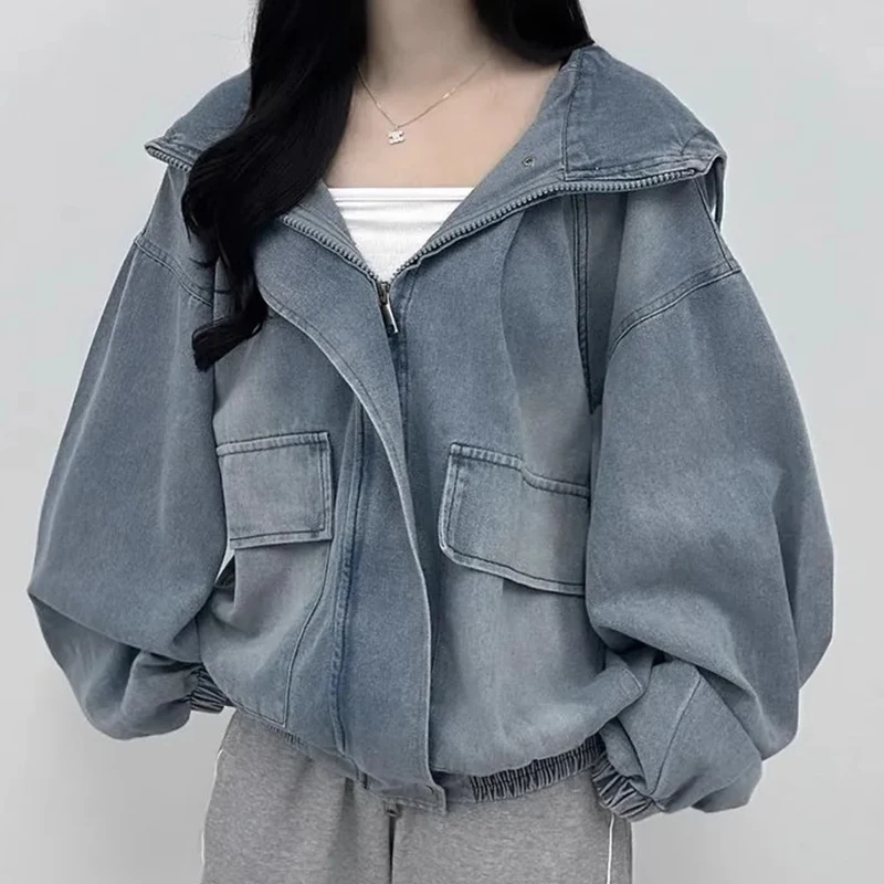 Chic Autumn Winter Vintage Zipper Loose Casual Large Pocket Long Sleeve Hooded Denim Jacket Women's Fashion Commute Sle