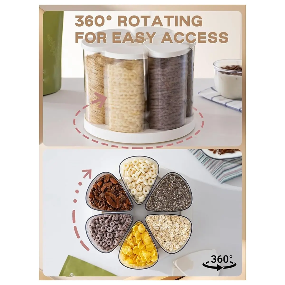 Rotating Rice Dispenser - Cereal Dispenser Countertop for Pantry - PET Grain Canister Sets 6 Grids