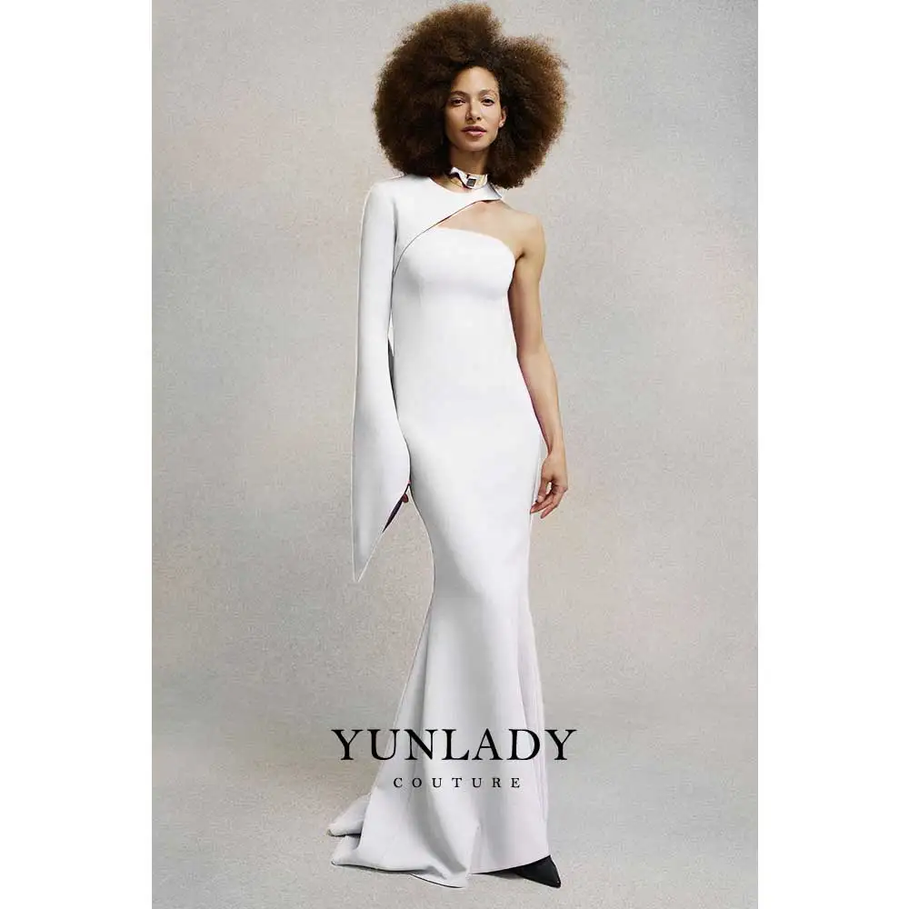 YUNLAN Gorgeous Saudi Women White Crepe One Shoulder Sleeve Cover Up Gown Floor Length Ball Gown 2024 for Wedding Party