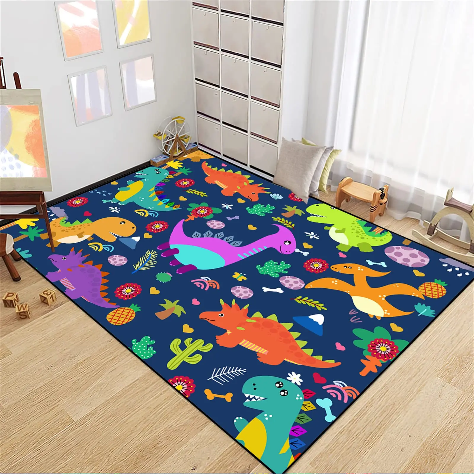 Dinosaur Theme Kids Play Carpet Boys Bedroom Rugs Cute Cartoon Dinosaur Decor Kids Area Rug Non-Slip Washable Playroom Rugs