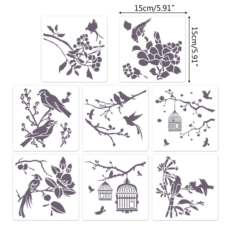 8 pacotes estênceis pintura, modelos desenho ramos pássaros, flores, reutilizáveis, vazados para amantes diy,
