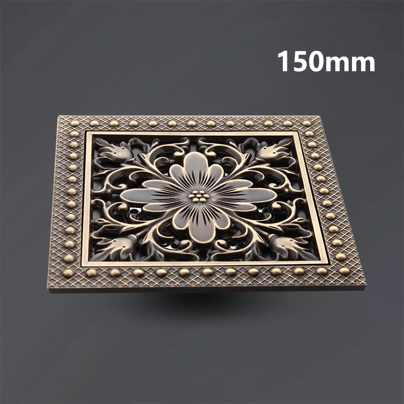 Monite Antique Brass Invisible Floor Drain Rose Pattern Retro Solid Brass Bathroom Basin Sink Kitchen Floor Drain 15x15 cm