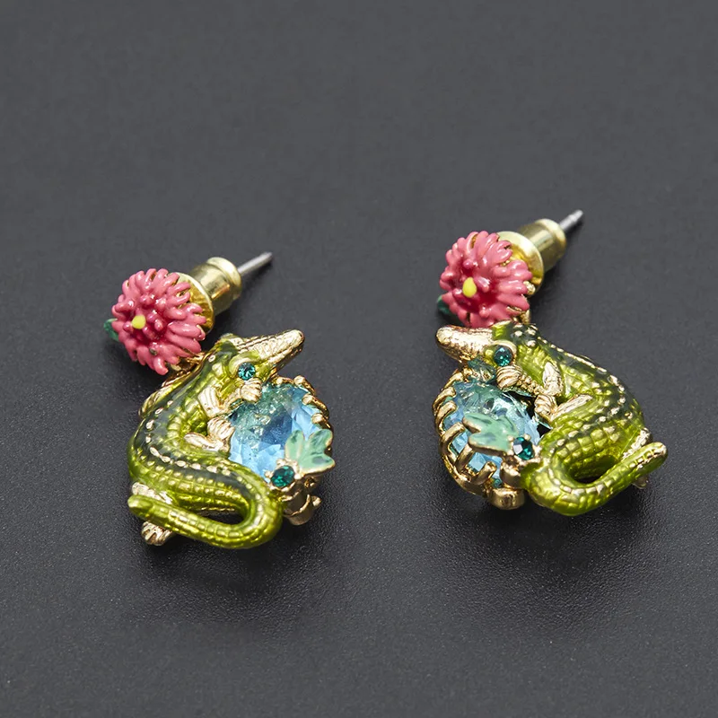 

Fashion Trendy Round Copper Crocodile Hoop Aqua Blue Glass Pink Flower Green Color Enamel Glaze Animal Dangle Earrings