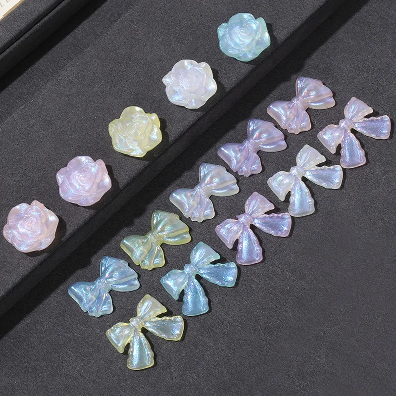 

10pcs Mixed Transparent Glitter Bow Resin Flatback cabochon DIY Jewelry Phone Decoration Art Accessories Sparkling Rose Flowers