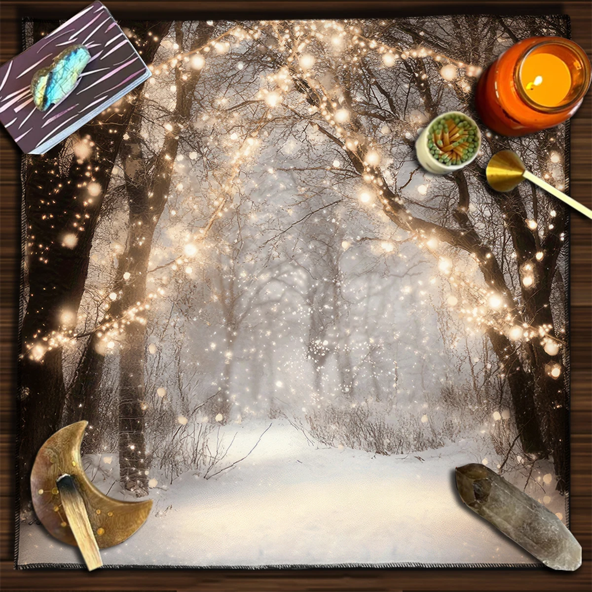 50/75/110/137cm Dreamy Snowy Forest Fairy Lights Altar Cloth Crystal Clear Snowflakes Decor Tarot Card Tablecloth Mystical Mat
