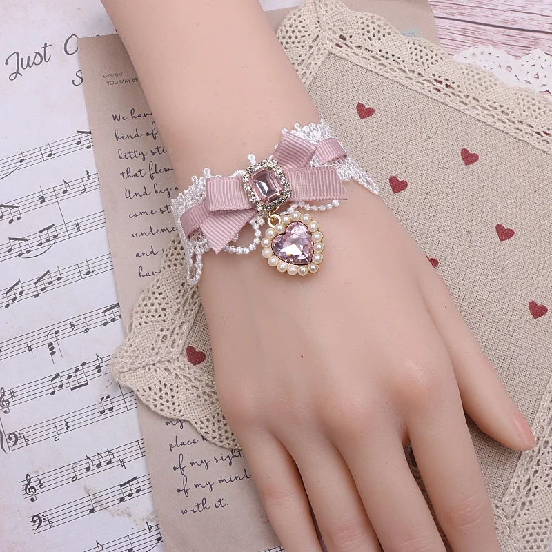 สร้อยข้อมือลูกไม้Lolitaสไตล์Bowknot Rhinestoneผู้หญิงจี้หัวใจหวานCool Y2KสาวHandmadeสร้อยข้อมือ