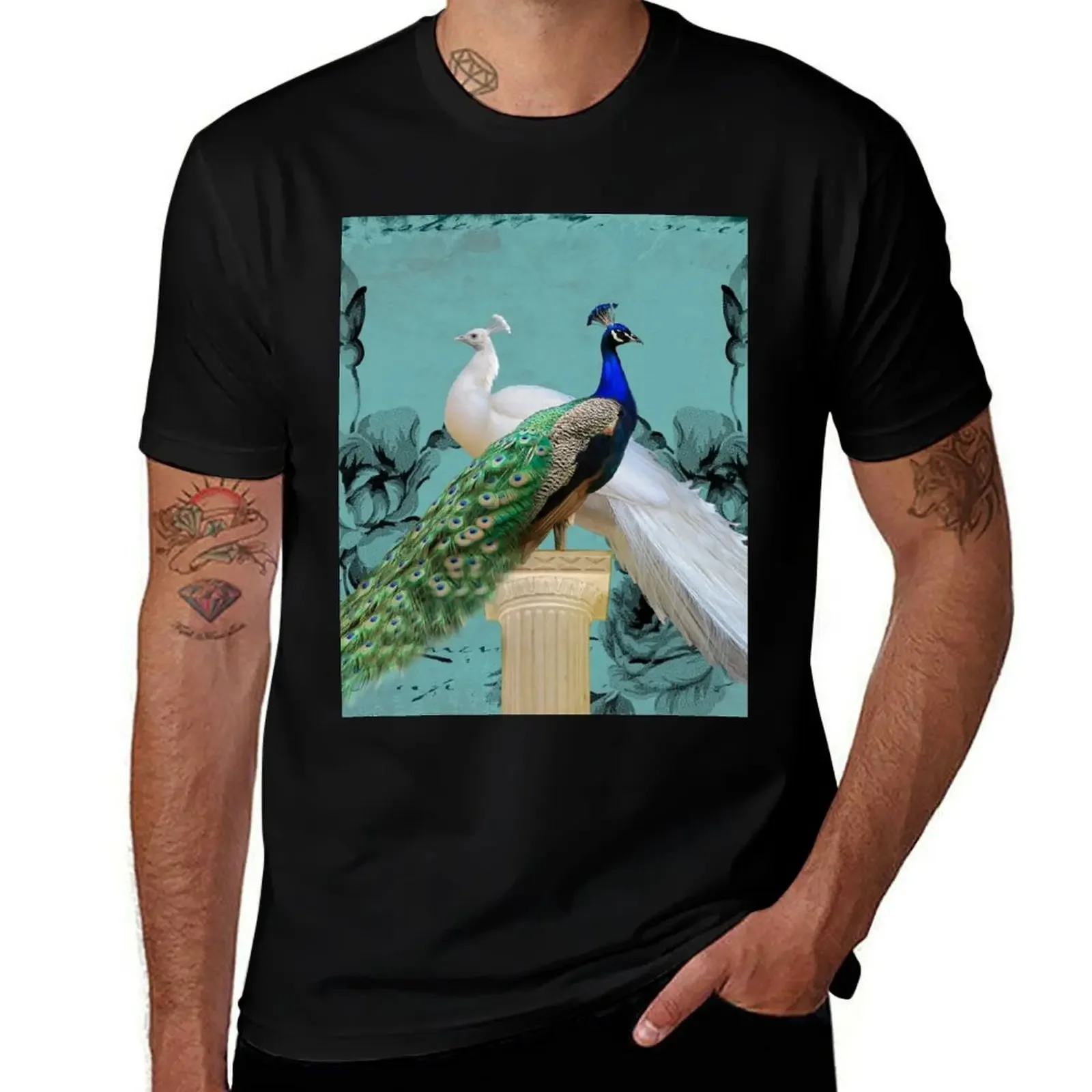 Blue Peacock and White Peacock Pair Teal Photo Art A032 T-Shirt anime figures summer tops t shirt men 100℅ cotton