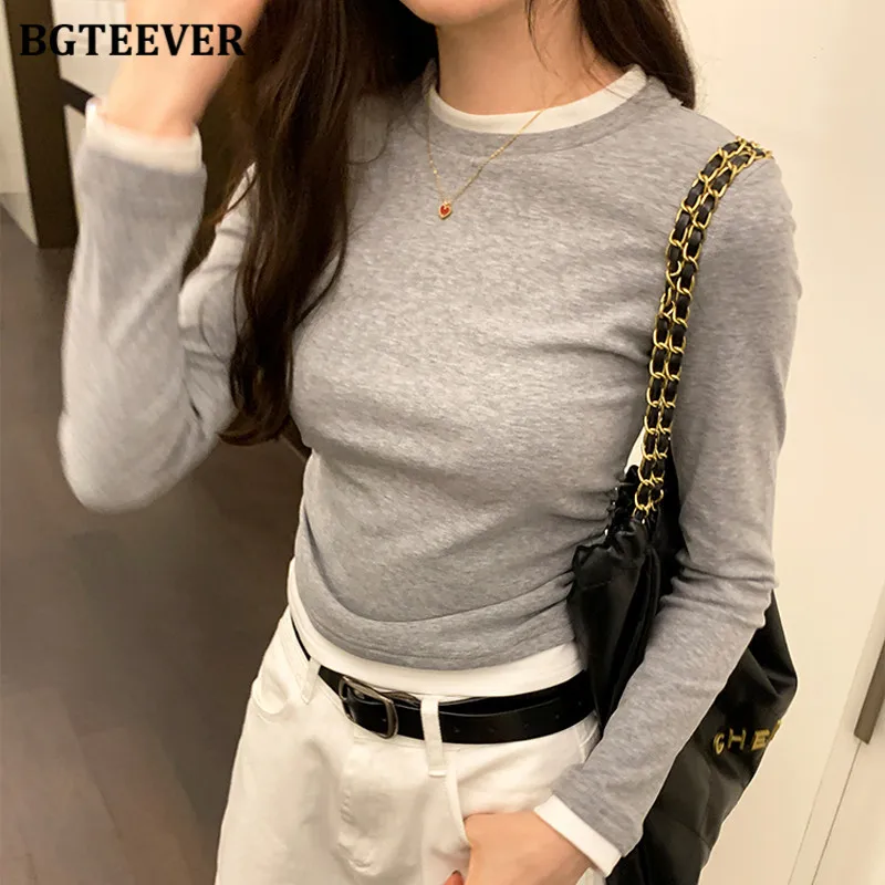 BGTEEVER Casual Slim Women Patchwork Tees Autumn Winter Fashion Long Sleeve Female Skinny Pullovers T-shirts Ladies Basic Tops