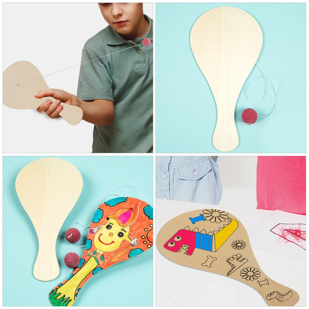 8 Pcs Hand-painted Racket Wooden Piece Diy Craft Drawing Toys Graffiti Paddle Ball Kids Toddler Coloring Puzzle