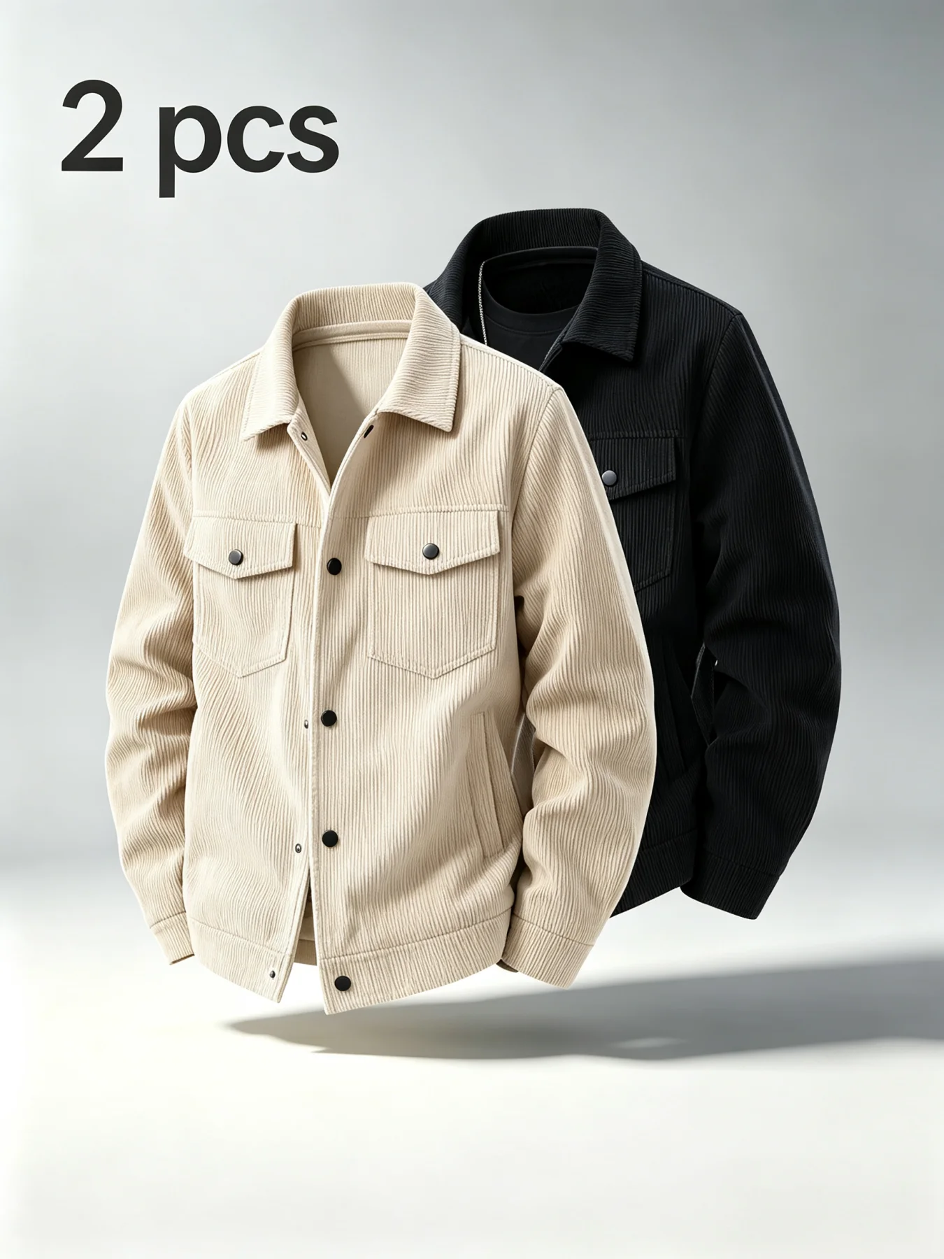 2Pcs Mens Corduroy Trucker Jacket Turn Down Collar Double Chest Pockets Button Down Casual Outerwear Set