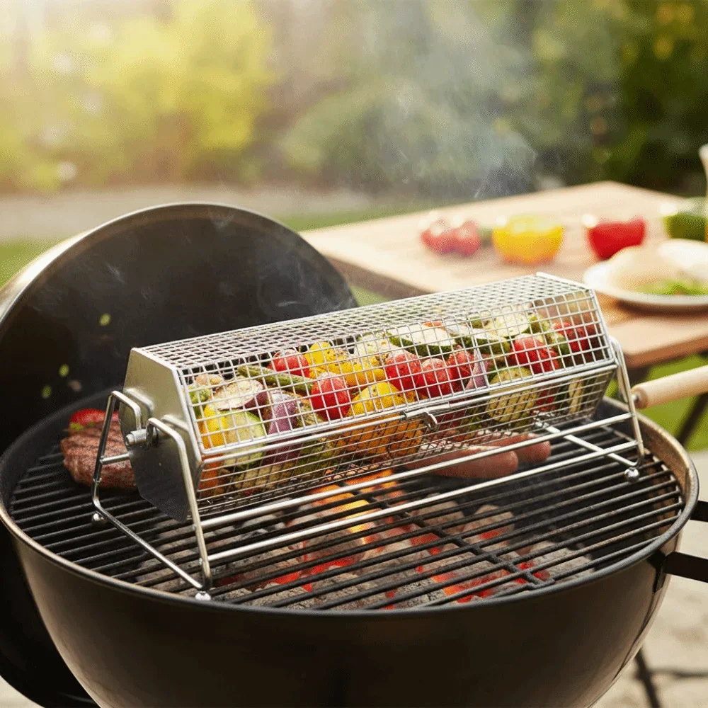 1pc Hexagonal Rolling BBQ Grill Mesh Basket Stainless Steel Detachable Rotating Barbecue Cage Rust-proof Corrosion-resistant