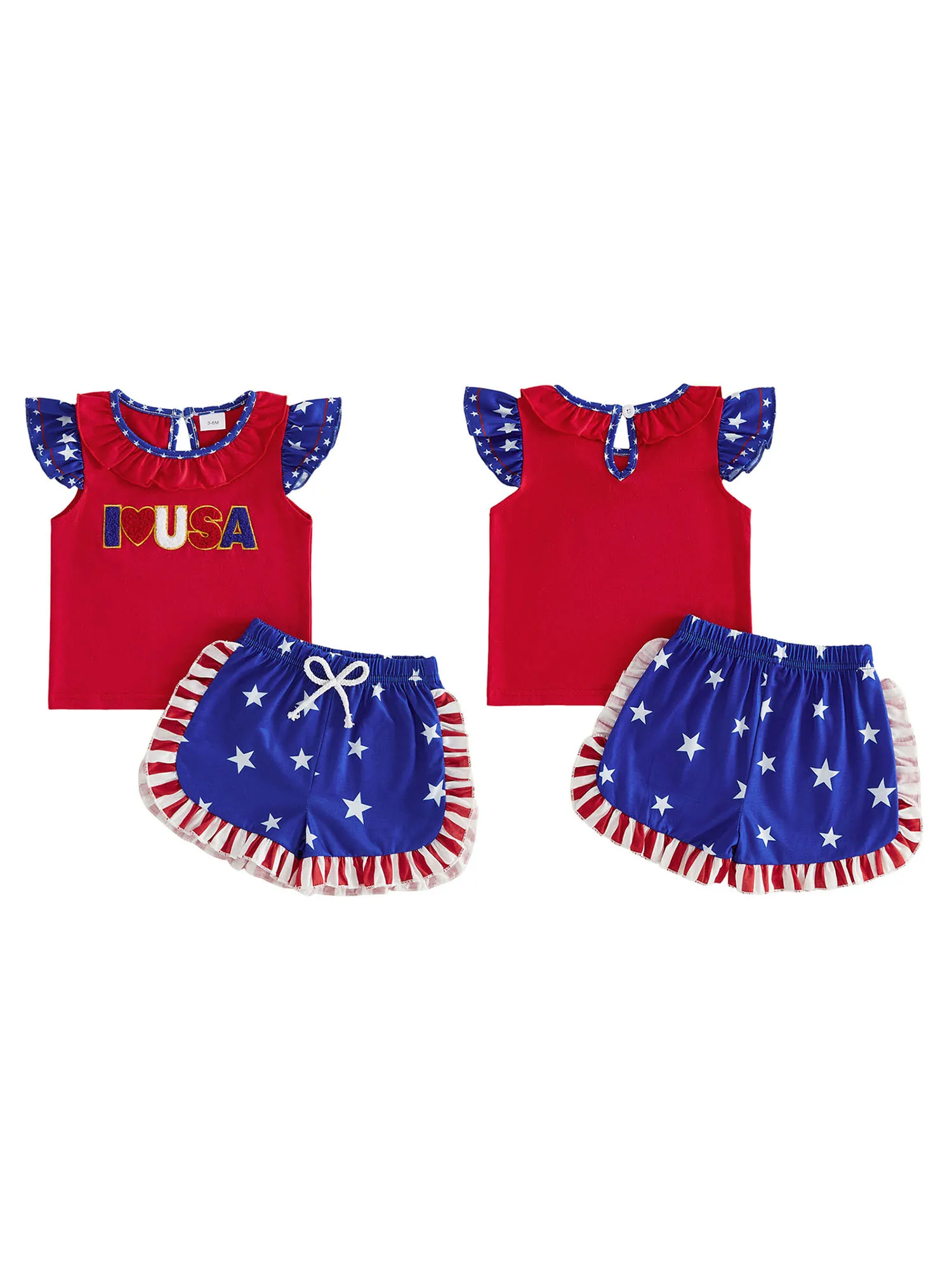 

Очаровательные наряды для маленьких девочек на День независимости с патриотической вышивкой в виде букв и шортами с рюшами в полоску и звезды — праздничные.