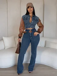 Colorblock Denim 2 Piece Sets Women Outfit Fall Clothes 2024 Women Patchwork Jean Jacket Top and Pants Sets Cowboy Two Piece Set