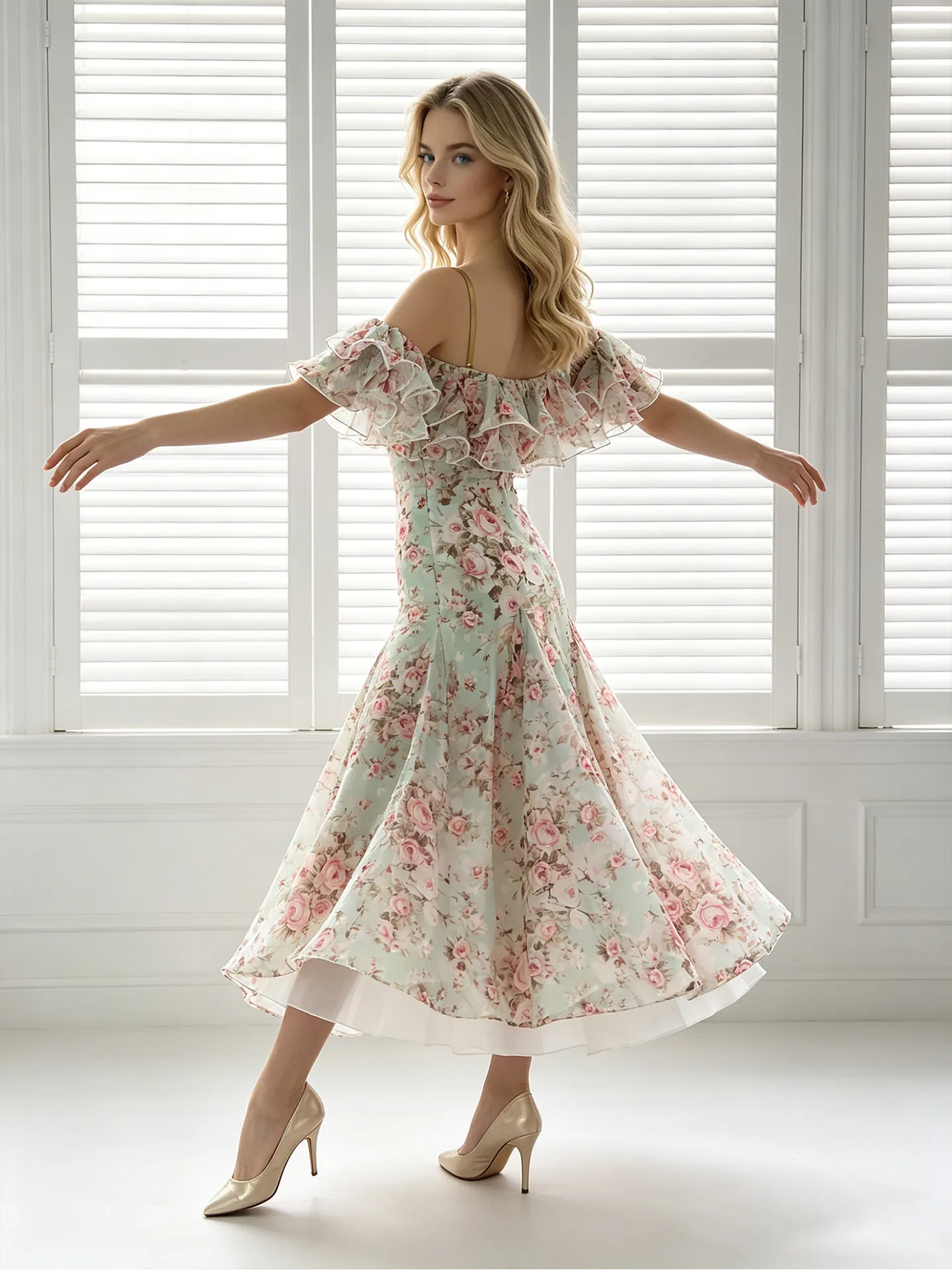Ballroom-Tanz-Trainingsanzug, rückenfreies Kleid mit Trägern, Spitzenärmeln und Print, modernes Tanzkleid für Walzer und Foxtrot – Detail 6