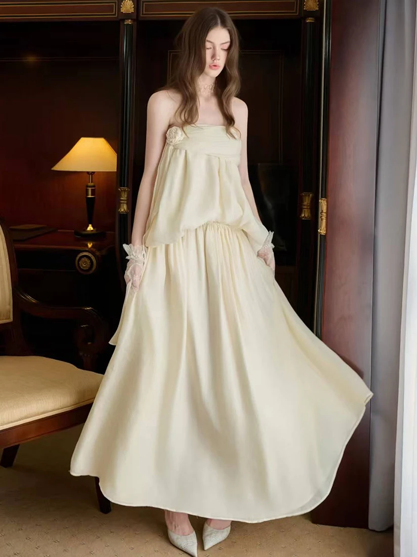 Robe longue française élégante pour femme, en polyester, sans manches, décorée de fleurs romantiques à la lumière de la lune, style princesse