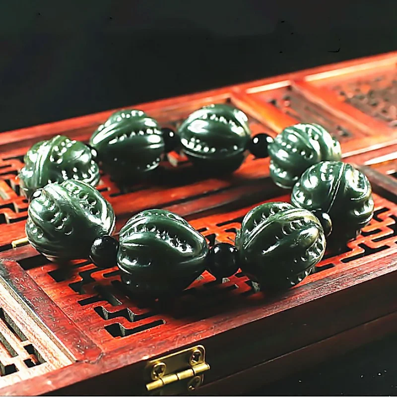 Hetian Gray Jade Lotus Men's Double-Sided Buddha Head Beads Bracelet Wholesale Live Supply