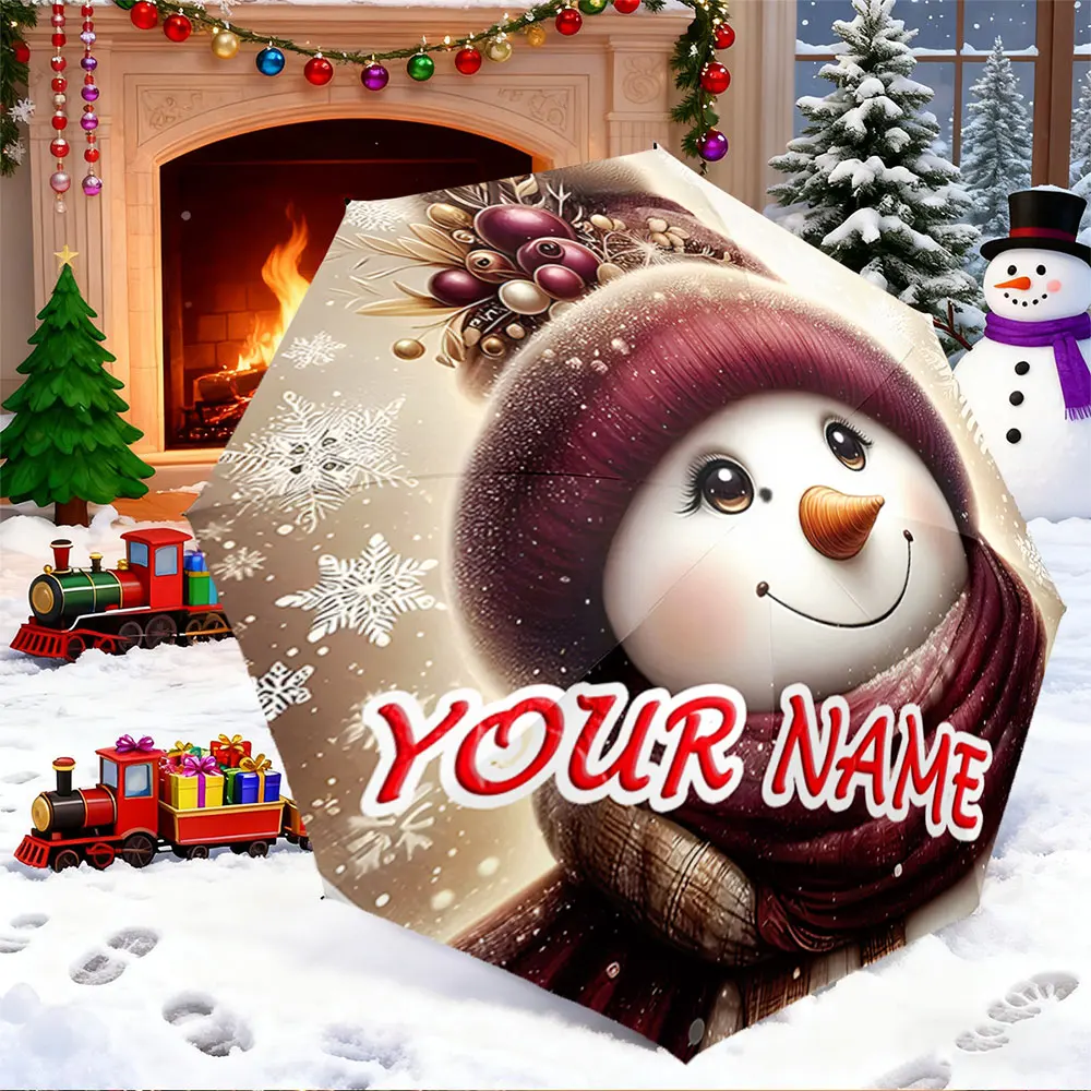 Custom Name Umbrella， Cute Smiling Snowman with Hat and Scarf Winter Design Umbrella ,Portable Folding Umbrella, Christmas Gift