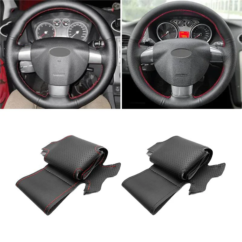 Soft Perforated Leather Cover For Ford Focus 2 2005 2006 2007 2008 2009 2010 2011 3-Spoke Hand Sewing Steering Wheel Cover Trim