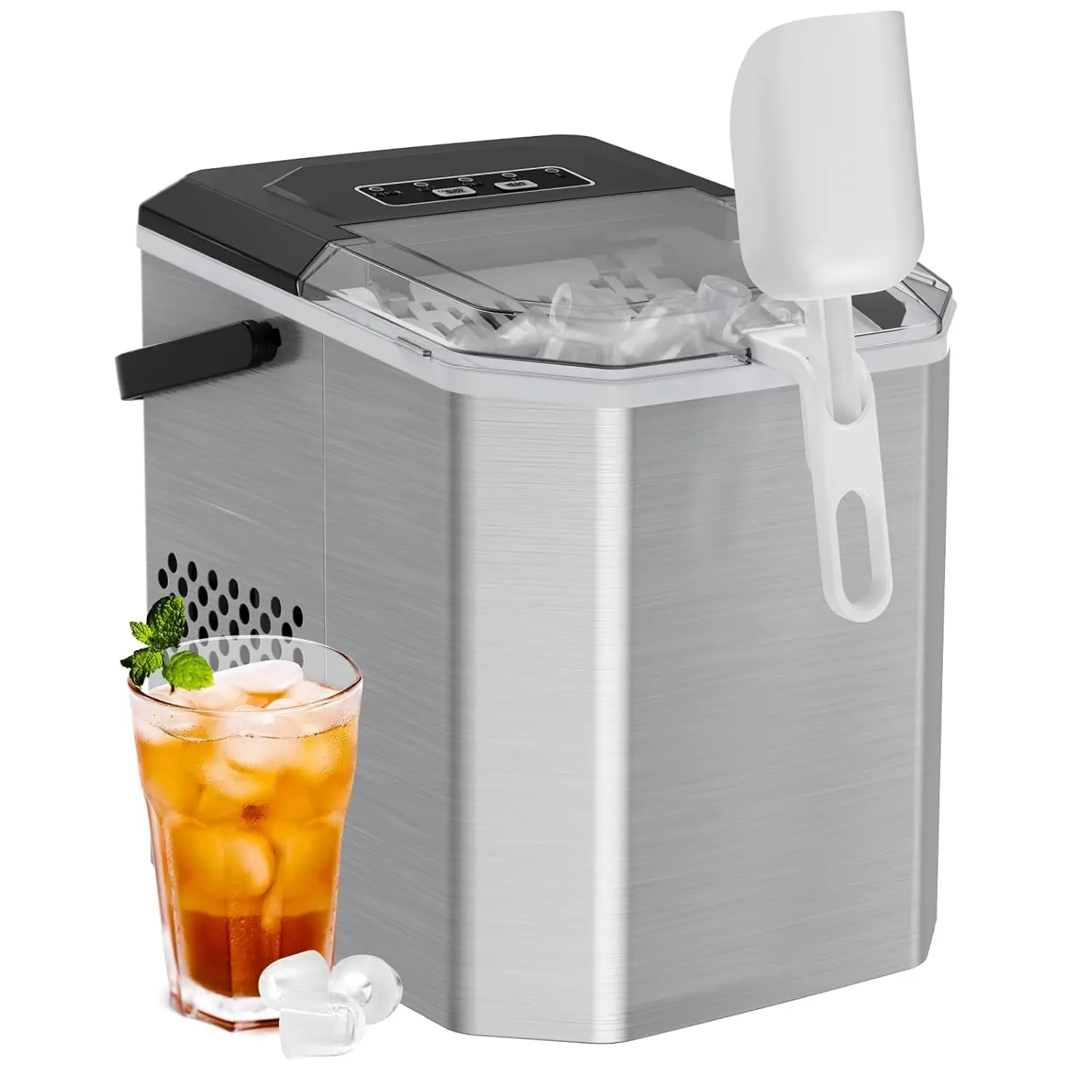 

Ice Maker Countertop, Stainless Steel Portable Ice Machine with Carry Handle, Self-Cleaning Ice Makers with Basket and Scoop