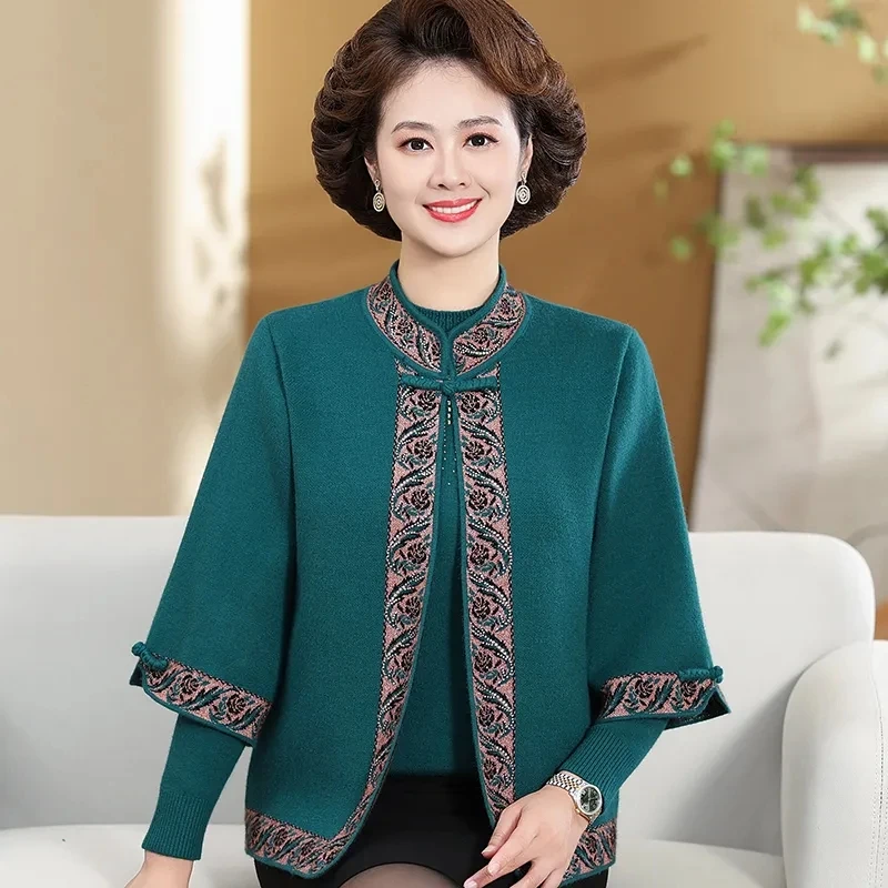 New Spring Autumn Noble Mother Wool Sweater High Quality Knitted Cashmere Cardigan Set 2PCS Middle Aged Women Short Sweater Coat