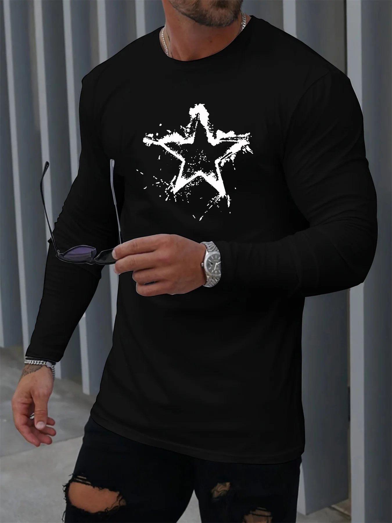 Men's Spring and Autumn 100% Cotton Comfortable Sports and Leisure Star Pattern Printed Round Neck Long Sleeve T-shirt Top