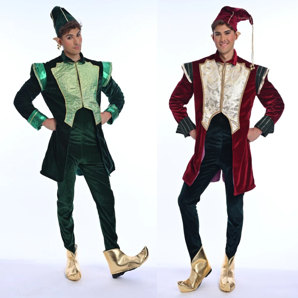 Traje de Lujo de Terciopelo de Papá Noel y Duende Navideño para Fiesta de Año Nuevo y Actuaciones Escénicas, Disfraz de Duende y Papá Noel para Hombres Adultos