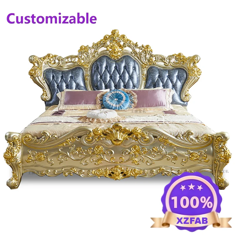Factory Direct 2026 Luxury leather double bed 1.8 meters large apartment villa master bedroom full solid wood bed 2 meters gold