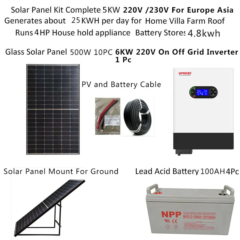 Solar System For Home Complete Kit 5000w 5000 Watt 220V 110V Hybrid On Off Grid Inverter MPPT Ground Mount Battery Solar System