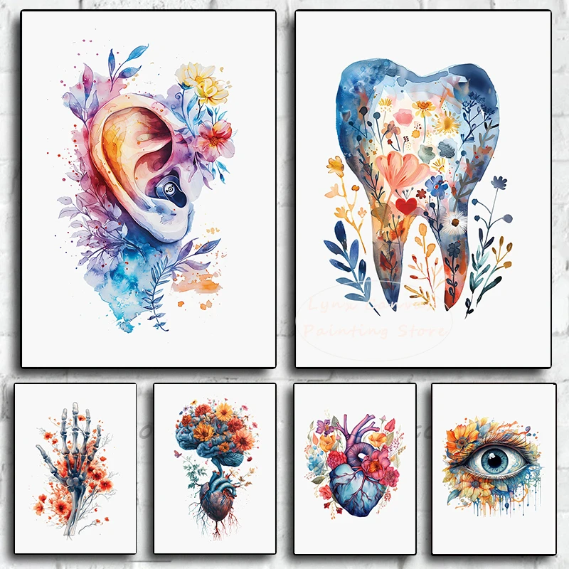 Akwarela Anatomiczne Płuca Serce Mózg Palce Zęby Kwiat Plakat Na Płótnie Kwiatowa Anatomia Klinika Medyczna Dekoracja Ścienna