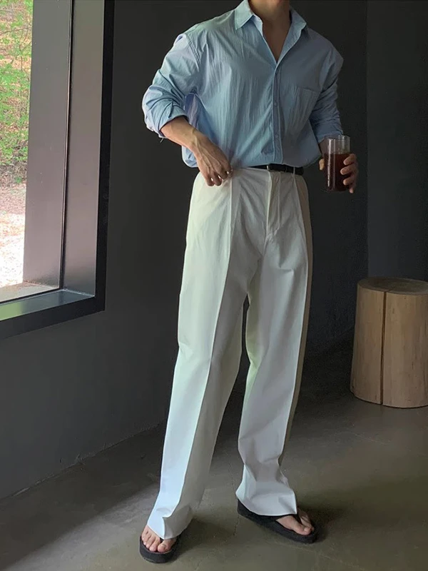 

Белые летние повседневные брюки, дышащие тонкие прямые мужские длинные брюки, свободные американские корейские мужские брюки Dongdaemun