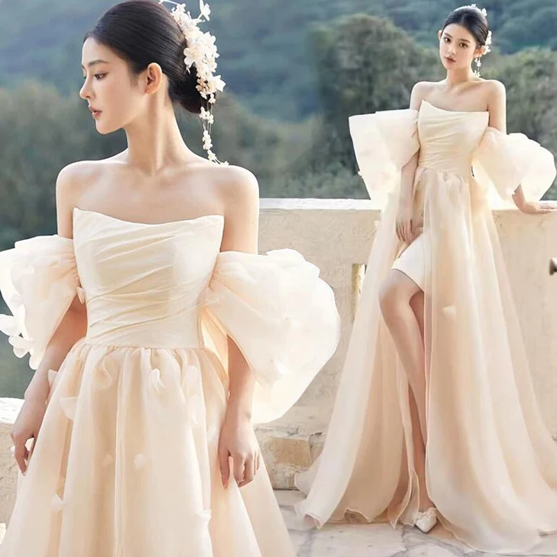 

Strapless Light Wedding Dress French Engagement Dress Morning Gown Forest Style High-end French Hosting Dress Customized