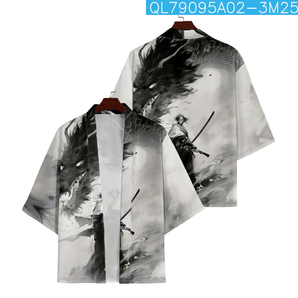 

Loose Women Men Dragon Warrior Print Clothing Japanese Traditional Beach Kimono Cardigan