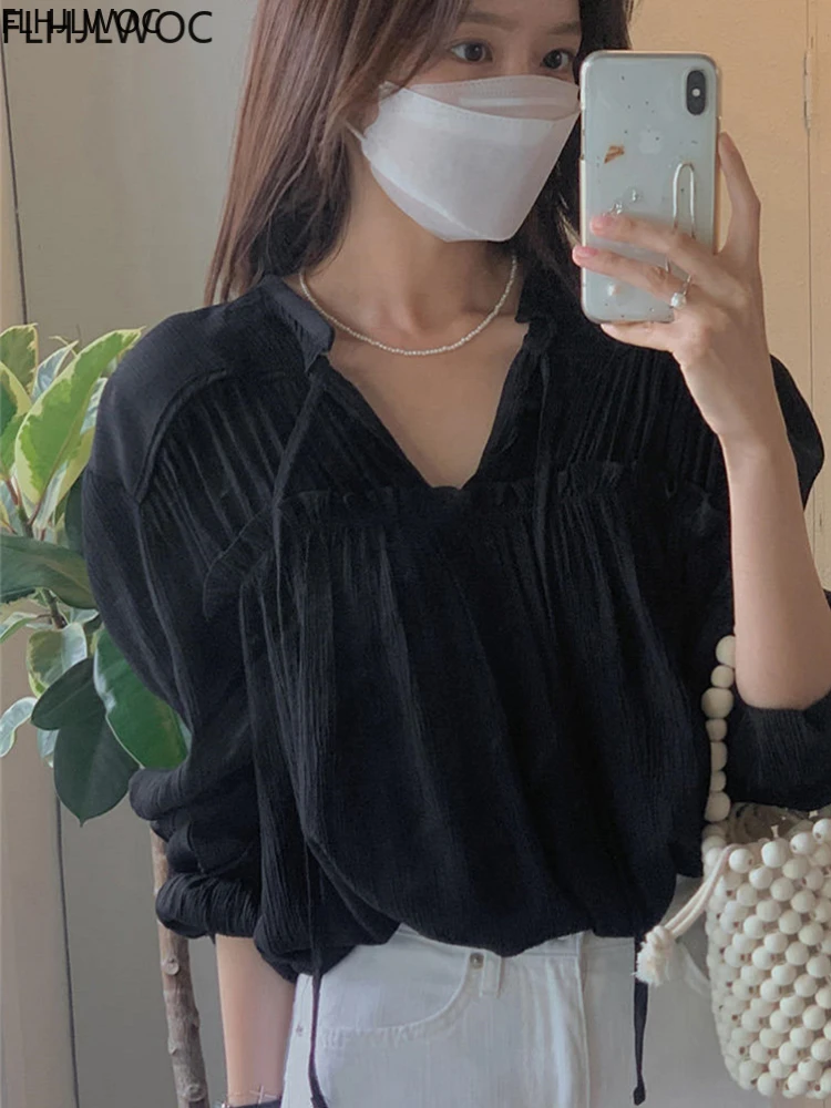 Korea Chic Tops Blusas Bow Tie Office Lady Elegant Transparent Button Basic Shirts Black Fashion Women Blouse