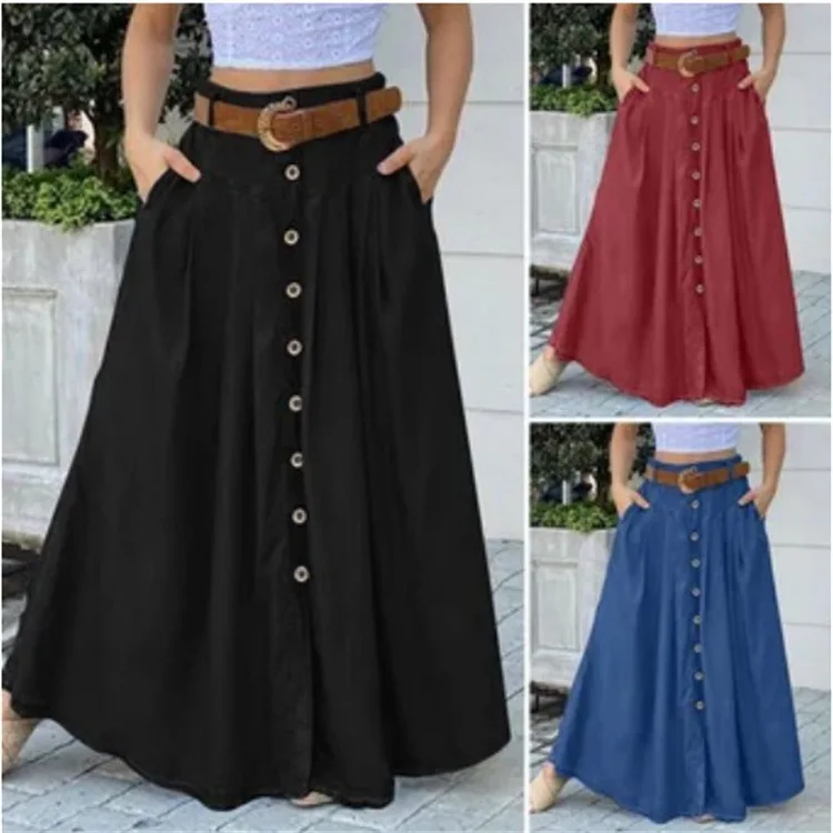 Casual Clothing High Waist Skirts for Woman Button Decorated Big Swing without Belt Maxi Skirt Fashion Solid Color a Line Pocket