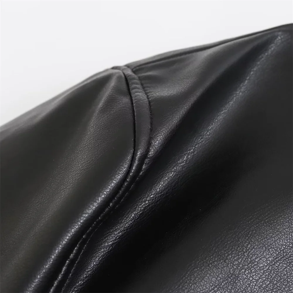 Women's Short Faux Leather Pilot Jacket, Slim Zip-Up Coat for Autumn — detail 10