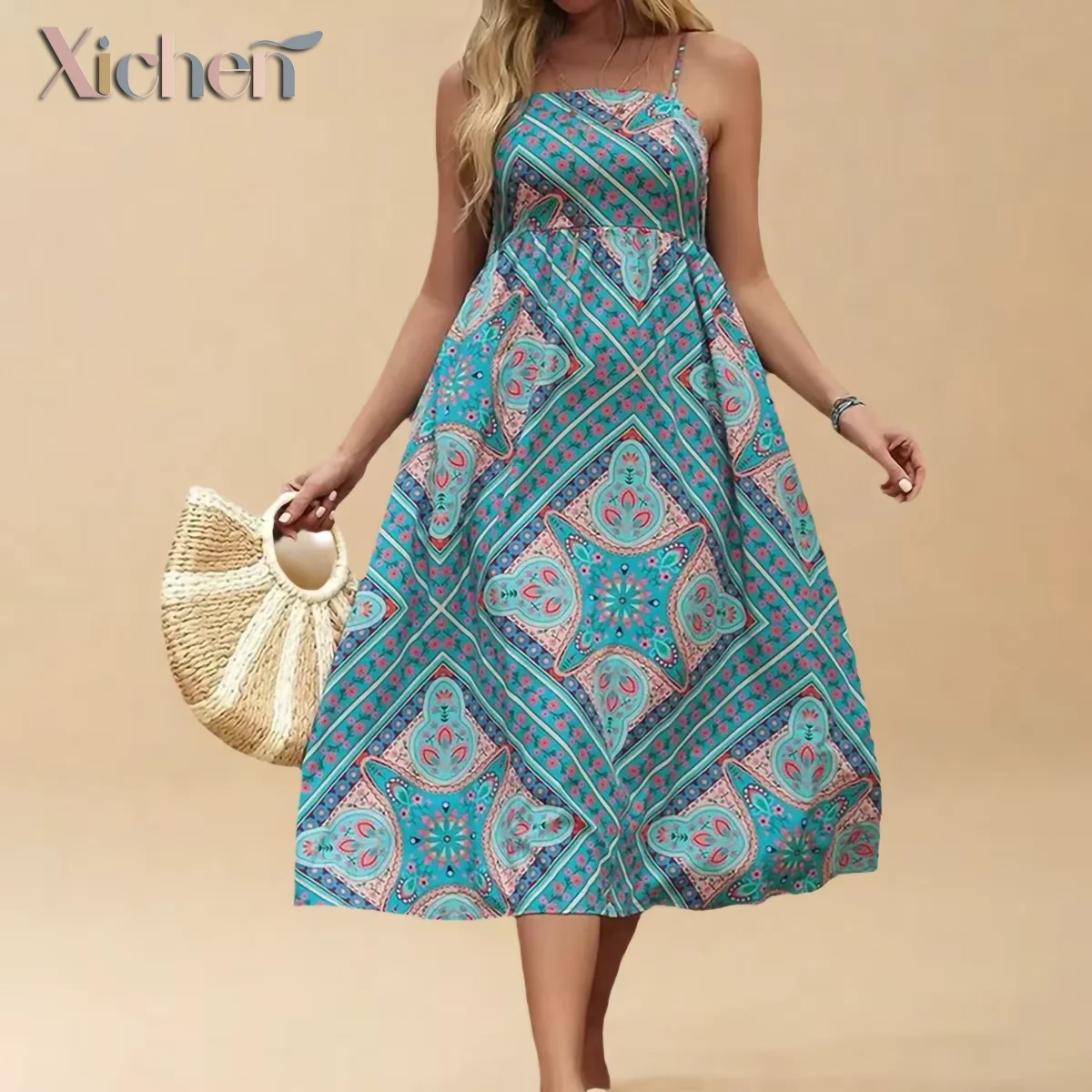 Jurk met spaghettibandjes met etnische print - Zomer Casual vakantie Blauw-groene geometrische bloemen ademende stof (wasbaar in de machine)