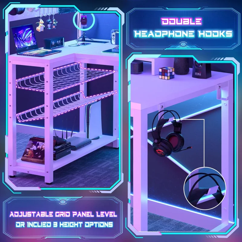 White 43 Inch L Small Gaming Desk with Power Outlets Pegboard LED Light,  Shaped Computer Desk with Monitor Stand Storage Shelve