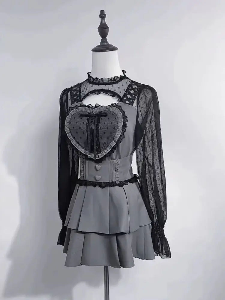 Coquette Sweet Gothic Lolita 2 Piece Set Women Mesh Lace Trim Long Sleeve Lace Up Heart Ruched Corset Ruffle Hem Slim Fit Mini
