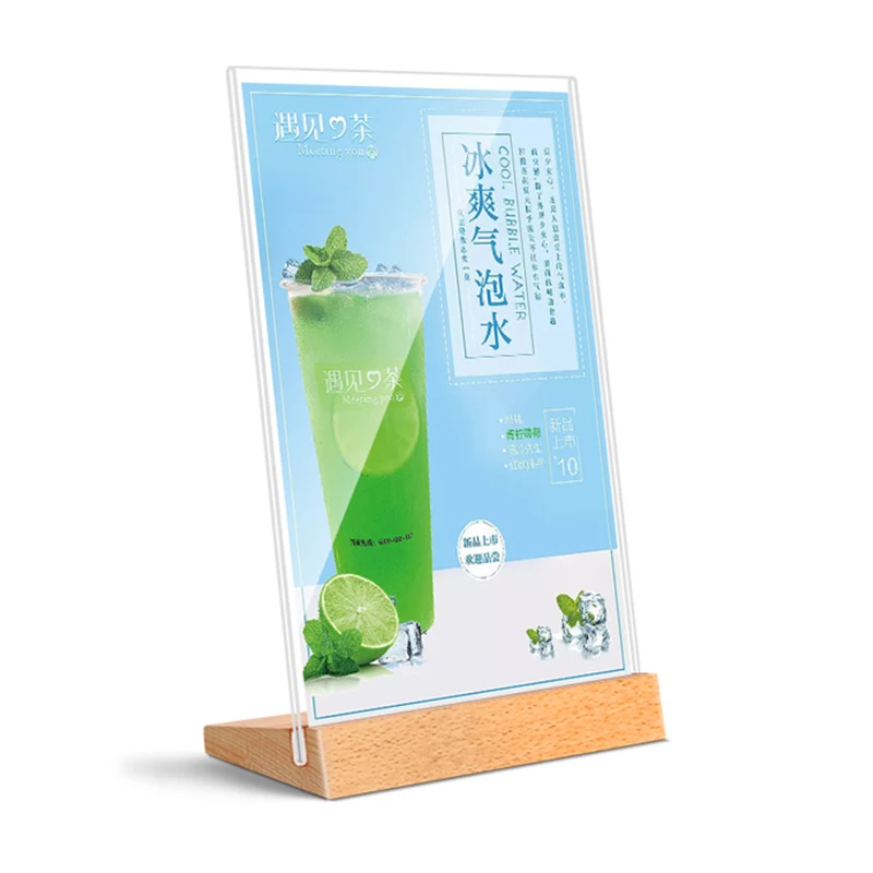 Table Top Wooden Acrylic Sign Holder Display Stand Double Sided, Bottom Load, Portrait Style Menu Paper Ad Photo Picture Frame