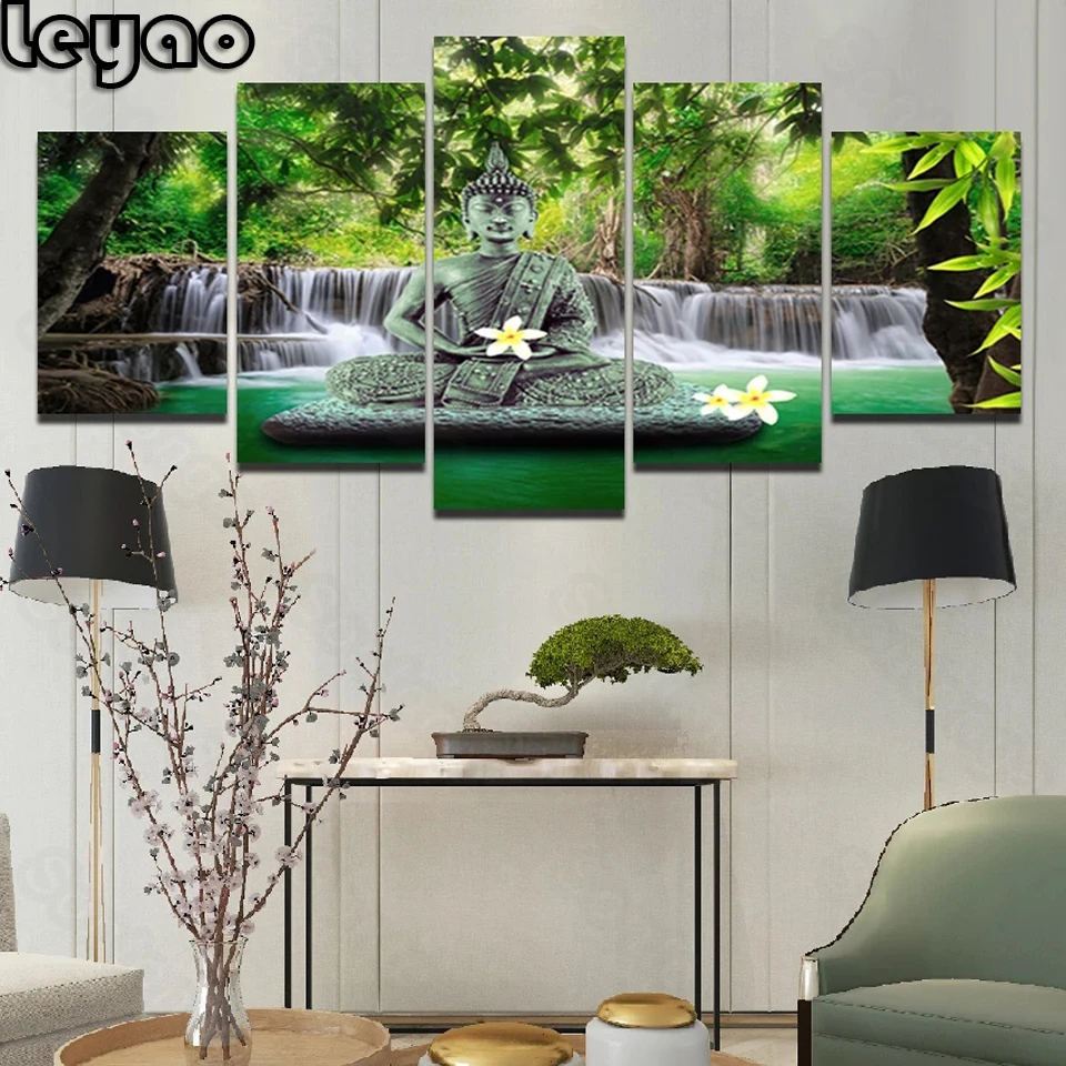 5 pcs Diamond Embroidery Buddha Mercy 5D Diy Diamond Painting Full Square/round Drill Waterfall Landscape Mosaic Home Decor