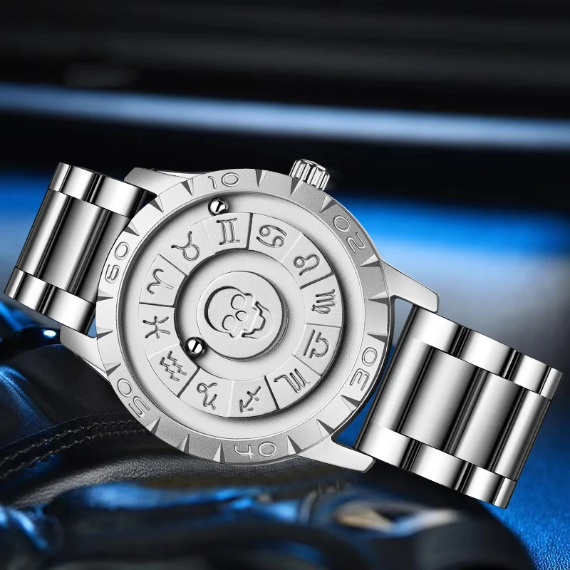 FOXBOX 2026 New Luxury Skull Watch Men Fashion Creative Scrolling Pointer Magnetic Force Quartz Man Wristwatch Montre Homme+BOX